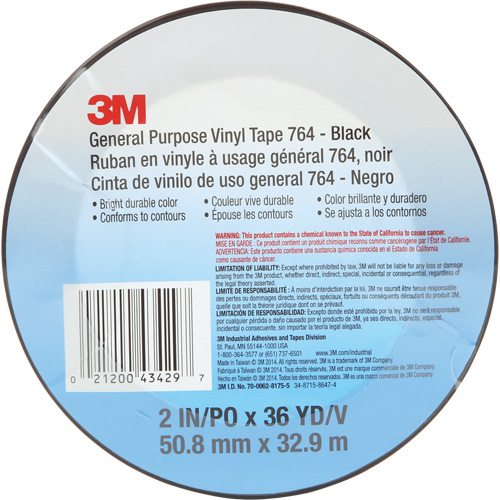 764 General-Purpose Vinyl Tape, 50.8 mm (2") W x 32.9 m (108') L, 5 mils, Black Superchem Industries