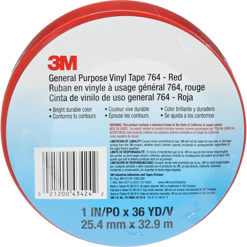 Ruban en vinyle pour travaux g&eacute;n&eacute;raux 764, 25,4 mm (1") la x 32,9 m (108') lo, 5 mils, Rouge Superchem Industries