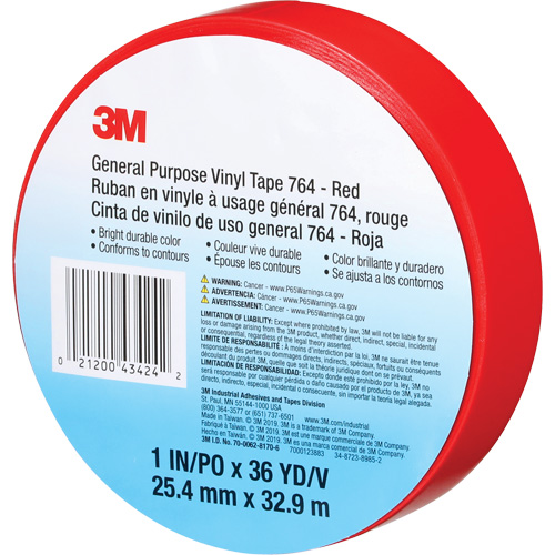 Ruban en vinyle pour travaux g&eacute;n&eacute;raux 764, 25,4 mm (1") la x 32,9 m (108') lo, 5 mils, Rouge Superchem Industries