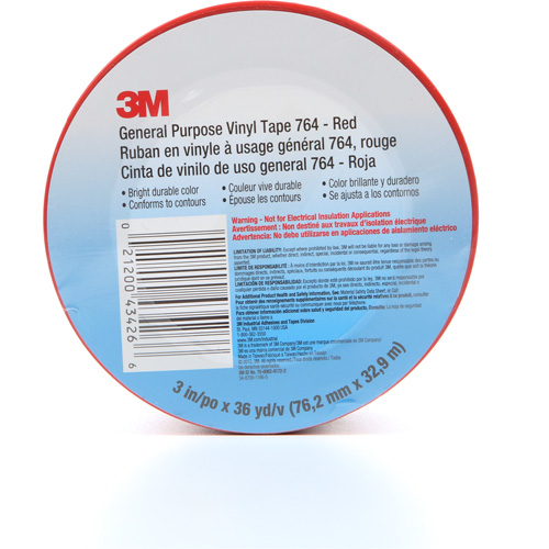 Ruban en vinyle pour travaux g&eacute;n&eacute;raux 764, 76 mm (3") la x 32,9 m (108') lo, 5 mils, Rouge Superchem Industries