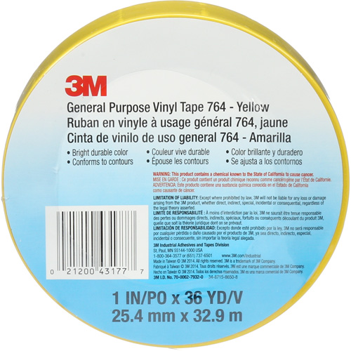 Ruban en vinyle pour travaux g&eacute;n&eacute;raux 764, 25,4 mm (1") la x 32,9 m (108') lo, 5 mils, Jaune Superchem Industries