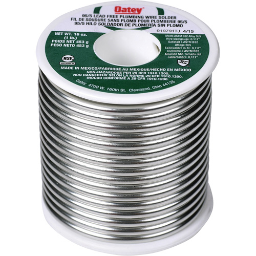 M&eacute;tal d'apport 95/5 pour plomberie, Sans plomb, 95 % d'&eacute;tain, 5 % d'antimoine, &acirc;me Plein, dia. 0,3125" Superchem Industries
