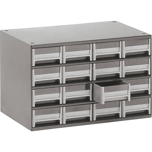 Casiers modulaires pour pi&egrave;ces, Acier, 16 tiroirs, 17" x 10-9/16" x 2-1/8", Gris Superchem Industries