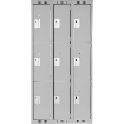 Clean Line Lockers, 3 -tier, Bank of 3, 36" x 18" x 72", Steel, Grey, Rivet (Assembled) Superchem Industries