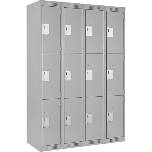 Clean Line Lockers, 3 -tier, Bank of 4, 48" x 18" x 72", Steel, Grey, Rivet (Assembled) Superchem Industries