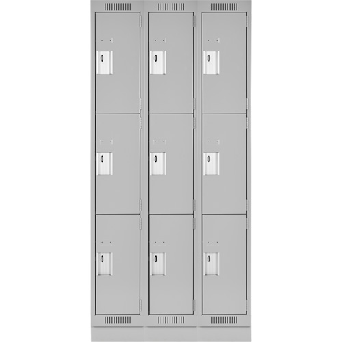 Clean Line Lockers, 3 -tier, Bank of 3, 36" x 18" x 76", Steel, Grey, Rivet (Assembled) Superchem Industries