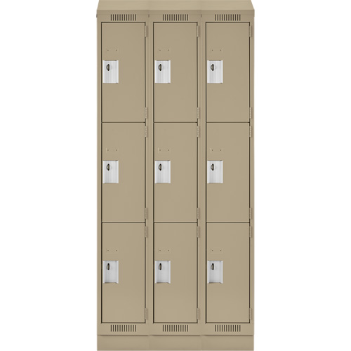 Clean Line Lockers, 3 -tier, Bank of 3, 36" x 18" x 82", Steel, Beige, Rivet (Assembled) Superchem Industries