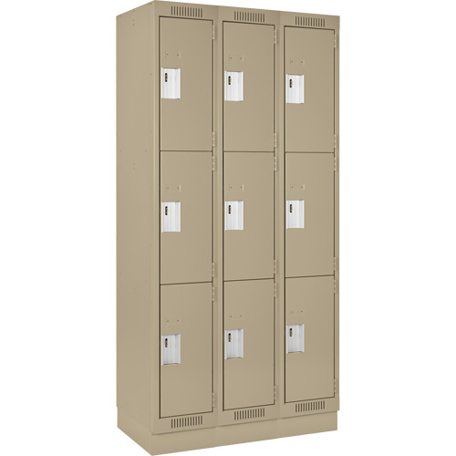 Clean Line Lockers, 3 -tier, Bank of 3, 36" x 18" x 76", Steel, Beige, Rivet (Assembled) Superchem Industries