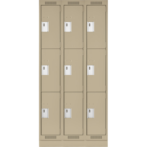 Clean Line Lockers, 3 -tier, Bank of 3, 36" x 18" x 76", Steel, Beige, Rivet (Assembled) Superchem Industries
