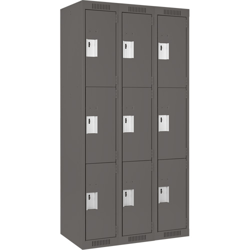 Clean Line Lockers, 3 -tier, Bank of 3, 36" x 18" x 72", Steel, Charcoal, Rivet (Assembled) Superchem Industries