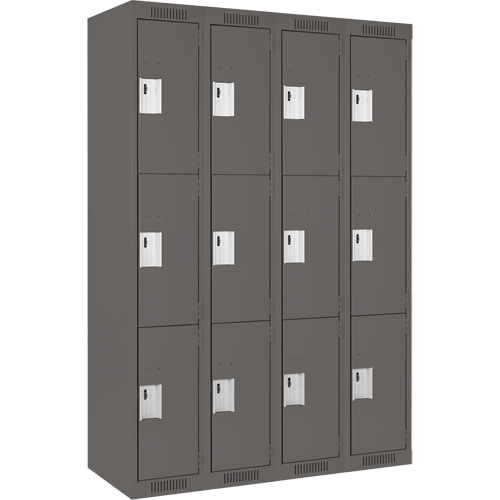 Clean Line Lockers, 3 -tier, Bank of 4, 48" x 18" x 72", Steel, Charcoal, Rivet (Assembled) Superchem Industries