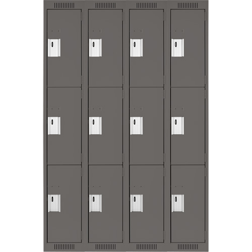 Clean Line Lockers, 3 -tier, Bank of 4, 48" x 18" x 72", Steel, Charcoal, Rivet (Assembled) Superchem Industries