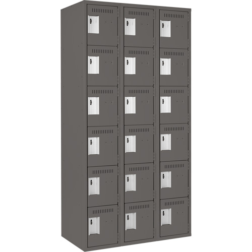 Clean Line Lockerette, 6 -tier, Bank of 3, 36" x 18" x 72", Steel, Charcoal, Rivet (Assembled) Superchem Industries
