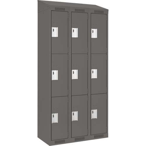 Clean Line Lockers, 3 -tier, Bank of 3, 36" x 18" x 78", Steel, Charcoal, Rivet (Assembled) Superchem Industries