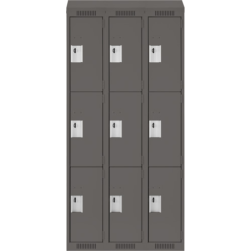Clean Line Lockers, 3 -tier, Bank of 3, 36" x 18" x 78", Steel, Charcoal, Rivet (Assembled) Superchem Industries