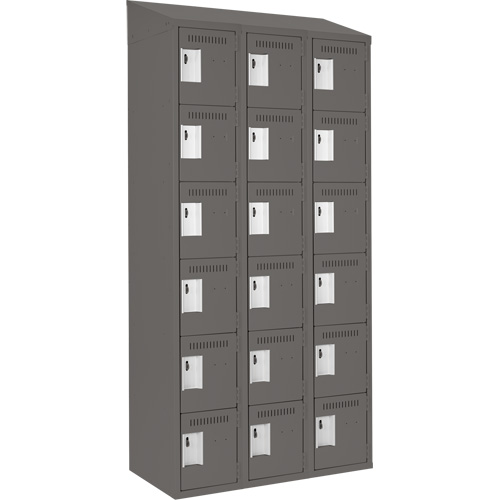 Clean Line Lockerette, 6 -tier, Bank of 3, 36" x 18" x 78", Steel, Charcoal, Rivet (Assembled) Superchem Industries