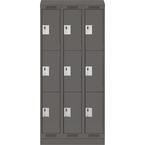 Clean Line Lockers, 3 -tier, Bank of 3, 36" x 18" x 82", Steel, Charcoal, Rivet (Assembled) Superchem Industries