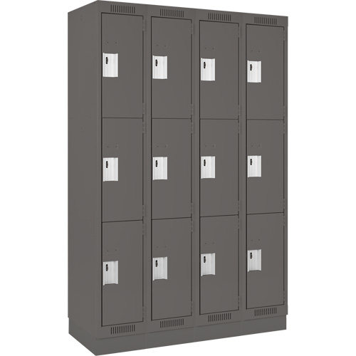 Clean Line Lockers, 3 -tier, Bank of 4, 48" x 18" x 76", Steel, Charcoal, Rivet (Assembled) Superchem Industries