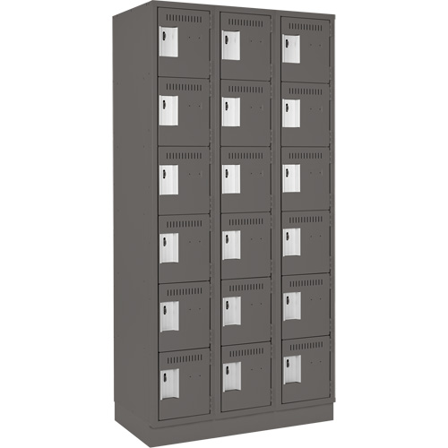 Clean Line Lockerette, 6 -tier, Bank of 3, 36" x 18" x 76", Steel, Charcoal, Rivet (Assembled) Superchem Industries