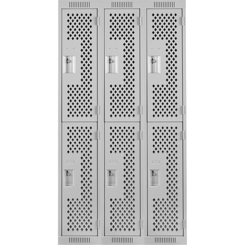 Clean Line Lockers, 2 -tier, Bank of 3, 36" x 12" x 72", Steel, Grey, Rivet (Assembled), Perforated Superchem Industries