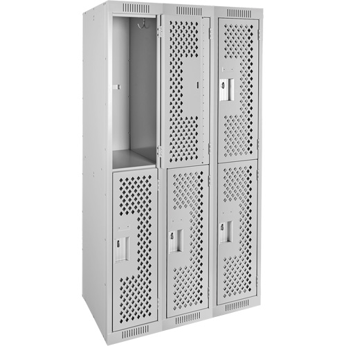 Clean Line Lockers, 2 -tier, Bank of 3, 36" x 12" x 72", Steel, Grey, Rivet (Assembled), Perforated Superchem Industries
