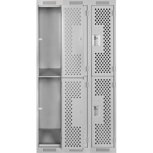 Clean Line Lockers, 2 -tier, Bank of 3, 36" x 12" x 72", Steel, Grey, Rivet (Assembled), Perforated Superchem Industries