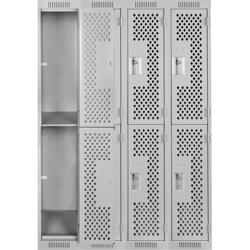 Clean Line Lockers, 2 -tier, Bank of 4, 48" x 15" x 72", Steel, Grey, Rivet (Assembled), Perforated Superchem Industries
