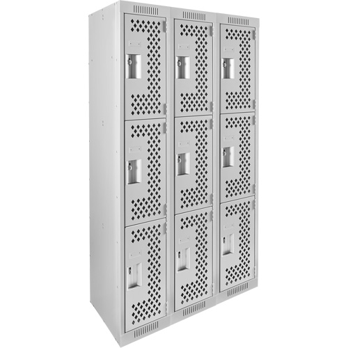 Clean Line Lockers, 3 -tier, Bank of 3, 36" x 12" x 72", Steel, Grey, Rivet (Assembled), Perforated Superchem Industries