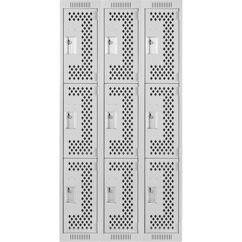 Clean Line Lockers, 3 -tier, Bank of 3, 36" x 12" x 72", Steel, Grey, Rivet (Assembled), Perforated Superchem Industries
