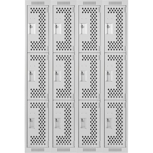 Clean Line Lockers, 3 -tier, Bank of 4, 48" x 12" x 72", Steel, Grey, Rivet (Assembled), Perforated Superchem Industries