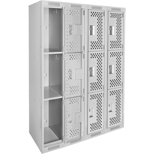 Clean Line Lockers, 3 -tier, Bank of 4, 48" x 12" x 72", Steel, Grey, Rivet (Assembled), Perforated Superchem Industries