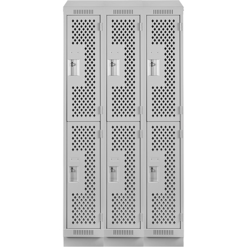 Clean Line Lockers, 2 -tier, Bank of 3, 36" x 15" x 82", Steel, Grey, Rivet (Assembled), Perforated Superchem Industries