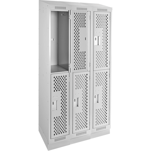 Clean Line Lockers, 2 -tier, Bank of 3, 36" x 15" x 82", Steel, Grey, Rivet (Assembled), Perforated Superchem Industries