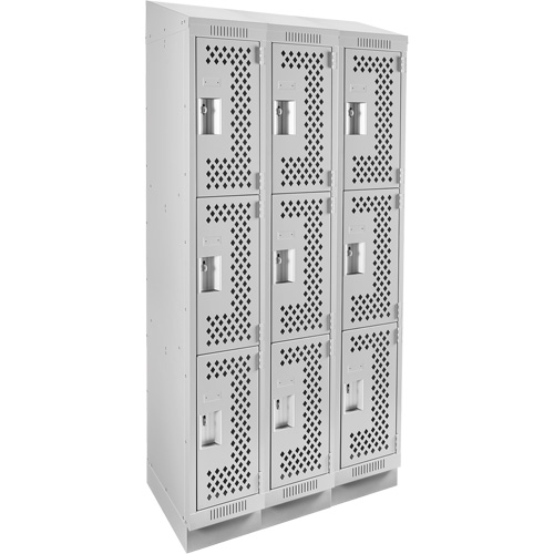 Clean Line Lockers, 3 -tier, Bank of 3, 36" x 15" x 82", Steel, Grey, Rivet (Assembled), Perforated Superchem Industries