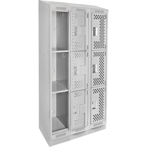 Clean Line Lockers, 3 -tier, Bank of 3, 36" x 15" x 82", Steel, Grey, Rivet (Assembled), Perforated Superchem Industries