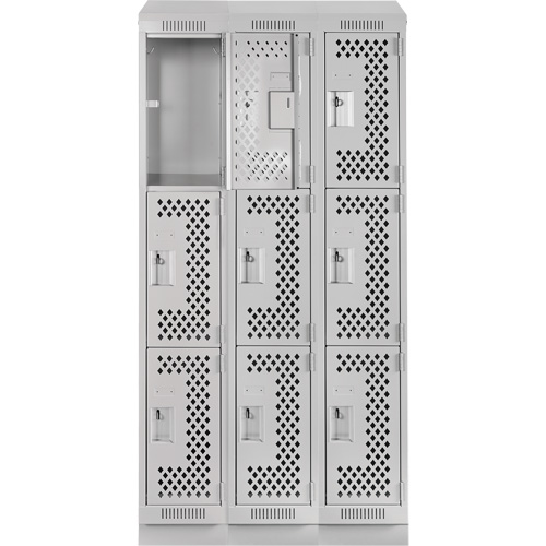 Clean Line Lockers, 3 -tier, Bank of 3, 36" x 15" x 82", Steel, Grey, Rivet (Assembled), Perforated Superchem Industries
