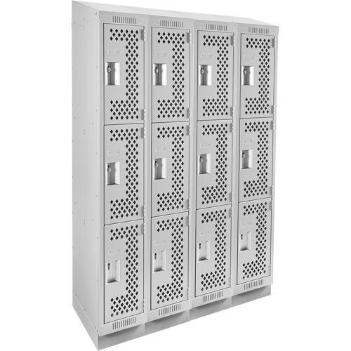 Clean Line Lockers, 3 -tier, Bank of 4, 48" x 15" x 82", Steel, Grey, Rivet (Assembled), Perforated Superchem Industries