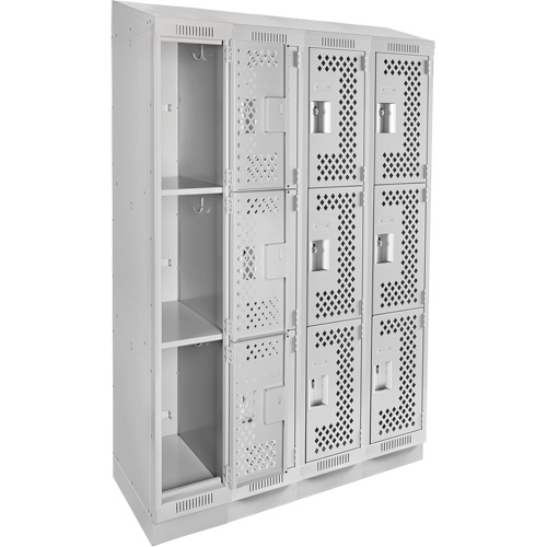 Clean Line Lockers, 3 -tier, Bank of 4, 48" x 15" x 82", Steel, Grey, Rivet (Assembled), Perforated Superchem Industries