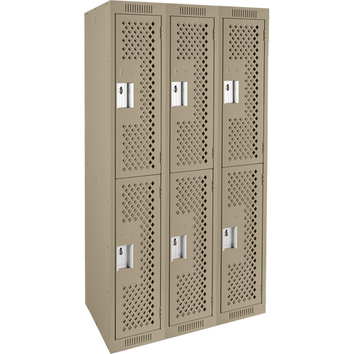 Clean Line Lockers, 2 -tier, Bank of 3, 36" x 15" x 72", Steel, Beige, Rivet (Assembled), Perforated Superchem Industries