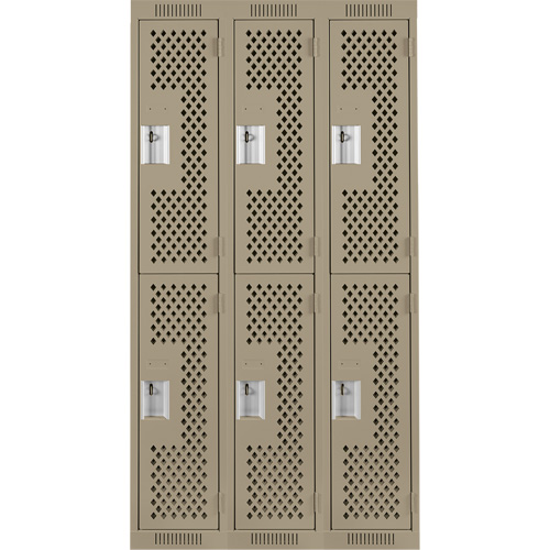 Clean Line Lockers, 2 -tier, Bank of 3, 36" x 15" x 72", Steel, Beige, Rivet (Assembled), Perforated Superchem Industries