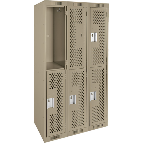Clean Line Lockers, 2 -tier, Bank of 3, 36" x 15" x 72", Steel, Beige, Rivet (Assembled), Perforated Superchem Industries