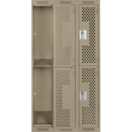 Clean Line Lockers, 2 -tier, Bank of 3, 36" x 15" x 72", Steel, Beige, Rivet (Assembled), Perforated Superchem Industries