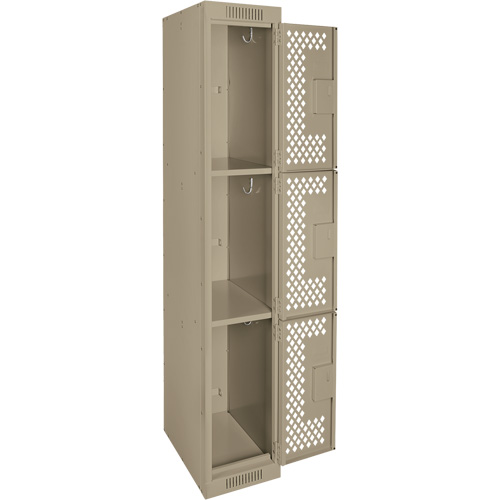 Clean Line Lockers, 3 -tier, 12" x 12" x 72", Steel, Beige, Rivet (Assembled), Perforated Superchem Industries