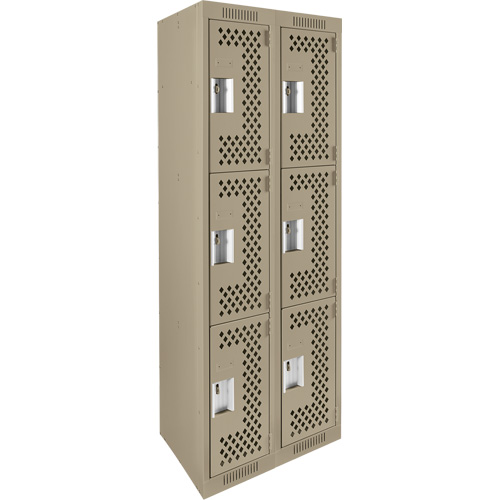 Clean Line Lockers, 3 -tier, Bank of 2, 24" x 12" x 72", Steel, Beige, Rivet (Assembled), Perforated Superchem Industries