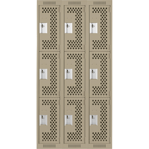 Clean Line Lockers, 3 -tier, Bank of 3, 36" x 12" x 72", Steel, Beige, Rivet (Assembled), Perforated Superchem Industries
