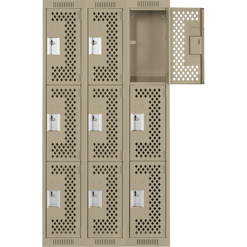 Clean Line Lockers, 3 -tier, Bank of 3, 36" x 12" x 72", Steel, Beige, Rivet (Assembled), Perforated Superchem Industries