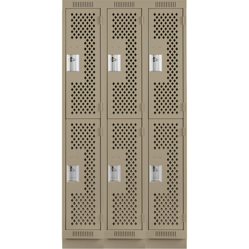 Clean Line Lockers, 2 -tier, Bank of 3, 36" x 18" x 76", Steel, Beige, Rivet (Assembled), Perforated Superchem Industries
