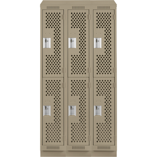 Clean Line Lockers, 2 -tier, Bank of 3, 36" x 18" x 82", Steel, Beige, Rivet (Assembled), Perforated Superchem Industries