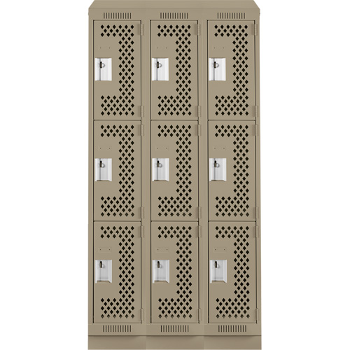 Clean Line Lockers, 3 -tier, Bank of 3, 36" x 15" x 82", Steel, Beige, Rivet (Assembled), Perforated Superchem Industries
