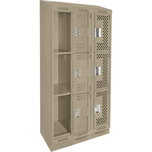 Clean Line Lockers, 3 -tier, Bank of 3, 36" x 15" x 82", Steel, Beige, Rivet (Assembled), Perforated Superchem Industries